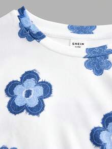 Tween Girl White Knit Pullover Allover Floral T-Shirt, Casual Daily Fashion Versatile With Hair Scrunchie, Cute - White - View 8