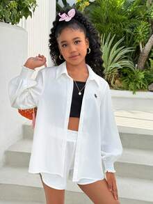 SHEIN Tween Girls' Casual 2-Piece Loose Outfit Set: Fashionable, Elegant, Versatile - White Long Sleeve Cardigan Shirt Top And Shorts Set, Spring/Summer - White - View 3