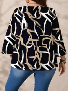 EMERY ROSE Blus Wanita Ukuran Besar Elegan dengan Motif Geometris Abstrak, Kasual, Potongan Longgar, Leher Bulat, Lengan 3/4, Cocok untuk Liburan Musim Semi - MultiWarna - View 2