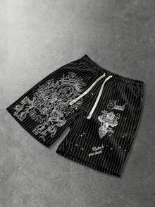 ROMWE MEN Street Life Men's Casual Striped Virgin Mary Print Street Style American Shorts - Black - View 4