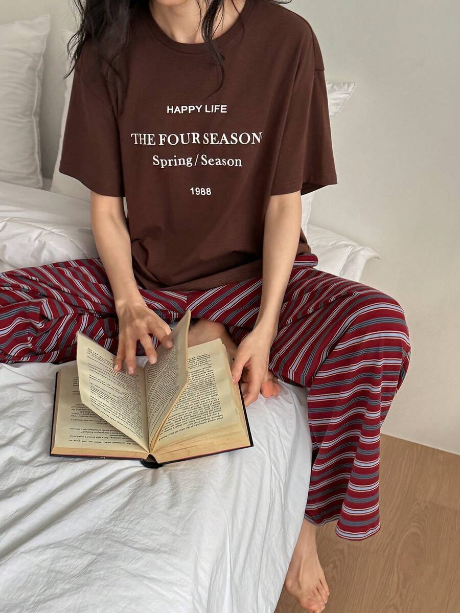 DAZY 2件套女士夏季宽松英文印花短袖T恤和条纹直筒裤睡衣套装，棕色 - 棕色 - 查看 1