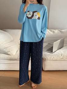 DAZY 2pcs Women Bear Pattern Loose Long Sleeve T-Shirt & Ditsy Floral Pants Pajama Set