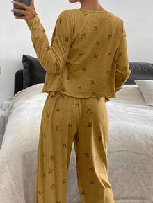 DAZY Set pigiama da donna composto da 3 pezzi: cardigan, canotta e pantaloni con stampa farfalla, adatto per la primavera - Arancione Corallo - Visualizzare 2
