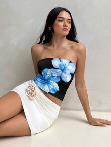 Aloruh Top corto ajustado tipo bandeau casual de mujer, con estampado floral azul, adecuado para el verano - Multicolor - Ver 4