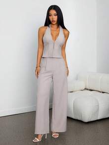 SHEIN PETITE 两件套：优雅轻盈的亚麻裹身V领无袖背心和高腰褶裥阔腿裤，休闲商务通勤装，春夏、毕业典礼、教师装，秋冬返校季皆宜。 - 杏色 - 查看 3