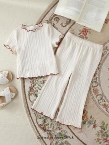 Cozy Pixies 2pcs Baby Girl Round Neck Long Sleeve Ruffle Hem Pullover Top And Elastic Waist Flared Pants Set 2pcs Set Toddler Girls Toddler Girl Casual Pant Sets Knit Two Piece Toddler - Multicolor - View 6