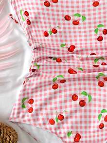 SHEIN Teen Girls' Casual Cherry Plaid Print One-Piece Swimsuit, Suitable For Beach, Vacation, Summer - Pink - View 3