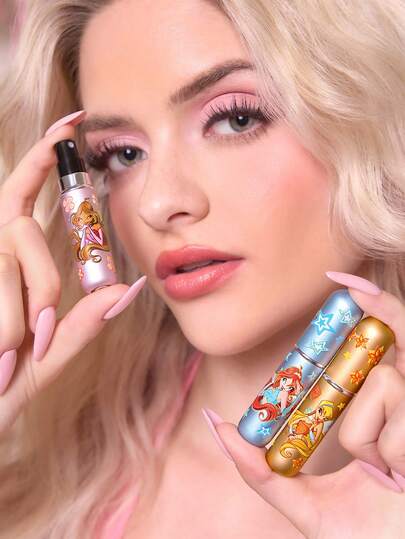 The Winx X SHEIN 5ml/0.2oz godisfärgad återfyllningsbar parfymsprayflaska med bottenfyllning självpumpande typ återanvändbar doftflaska, söt söt mini bärbar kosmetikaflaska vätskefyllningsflaska, med ett synligt fönster, bärbar för resor och flyg, guld & rosa & blå