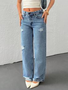 EURMUSE 女士口袋破洞阔腿宽松休闲百搭牛仔裤 - 藍色 - 查看 5