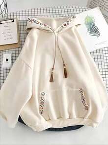 SHEIN EZwear Plus Size Geometric Embroidered Drawstring Sweatshirt Graduation,Back To School,Graduation,Teacher,Back To School Pullover Fall Winter Autumn - Apricot - View 1