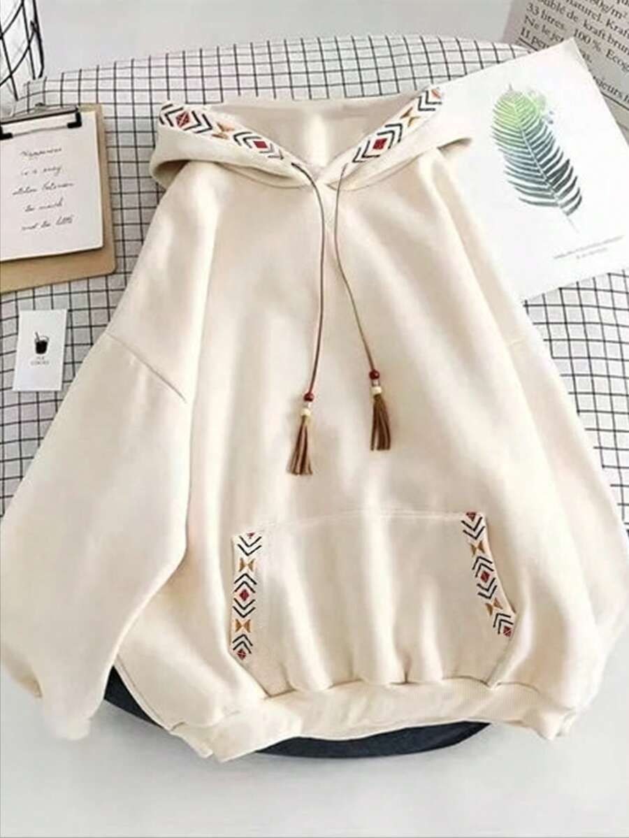 SHEIN EZwear Plus Size Geometric Embroidered Drawstring Sweatshirt Graduation,Back To School,Graduation,Teacher,Back To School Pullover Fall Winter Autumn - Apricot - View 1