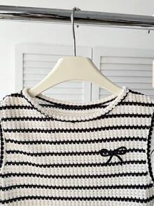 SHEIN 青少年女孩修身休閒極簡舒適圓領無袖條紋蝴蝶結圖案上衣與長褲套裝 - 杏色 - 查看 3