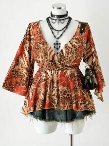 Sunspun 大码休闲交叉领印花修身腰部性感喇叭袖A字T恤 - 彩色 - 查看 4