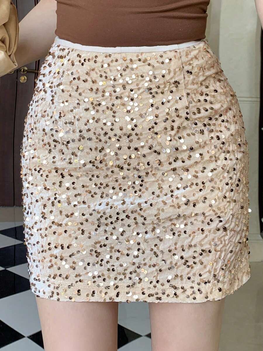 DAZY Chân váy ngắn ôm sát thanh lịch đính sequin dành cho nữ, thích hợp cho mùa xuân/hè, váy dự tiệc cưới. - Màu be - Xem 1