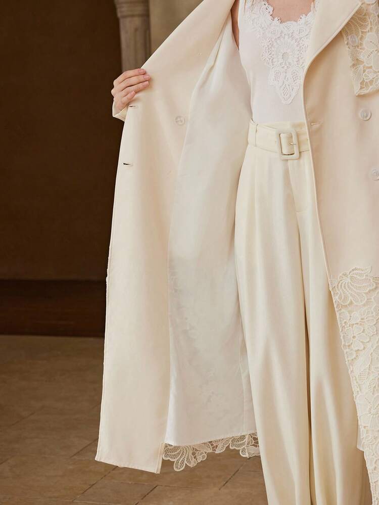 GUIPURE LACE PANEL DOUBLE BREASTED BELTED TRENCH COAT