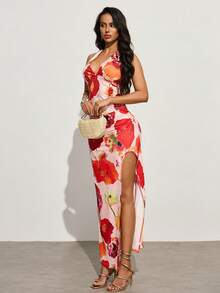 Zyxie Women's Digital Floral Print Halter Neck High Slit Maxi Skirt Set - Multicolor - View 4