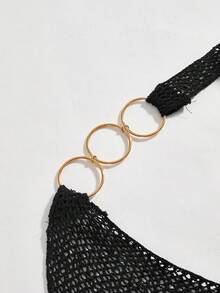 ROMWE 嬉皮风性感金属流苏系带PU露脐上衣（女款） - 黑色 - 查看 3