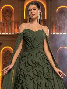 Glamrae Vestido de gasa con hombros descubiertos y volantes en el bajo, elegante y romántico, adecuado para festivales, bodas, galas, conciertos, eventos de negocios y ocasiones de influencers en redes sociales - Verde - Ver 3