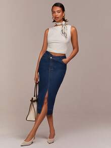 COSMINA Women's Asymmetric Slit Denim Pencil Skirt, Casual Elegant Office Commute Fashion High Waist Asymmetric Denim Skirt - Blue - View 4
