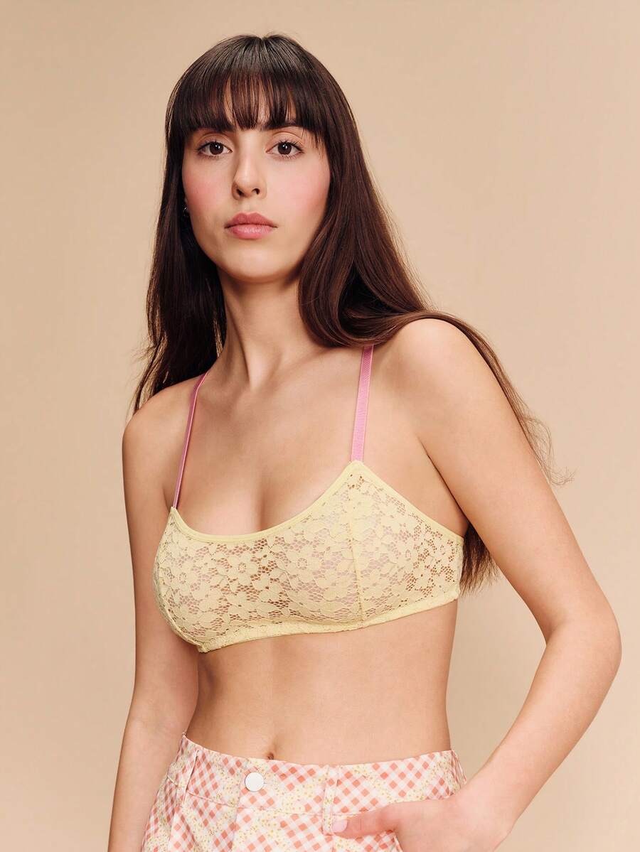 lacRébo Yellow Floral Print Lace Bralette With Contrast Pink Straps Cute Romantic Spring Summer French Style Parisian Style Valentines Day - Yellow - View 1