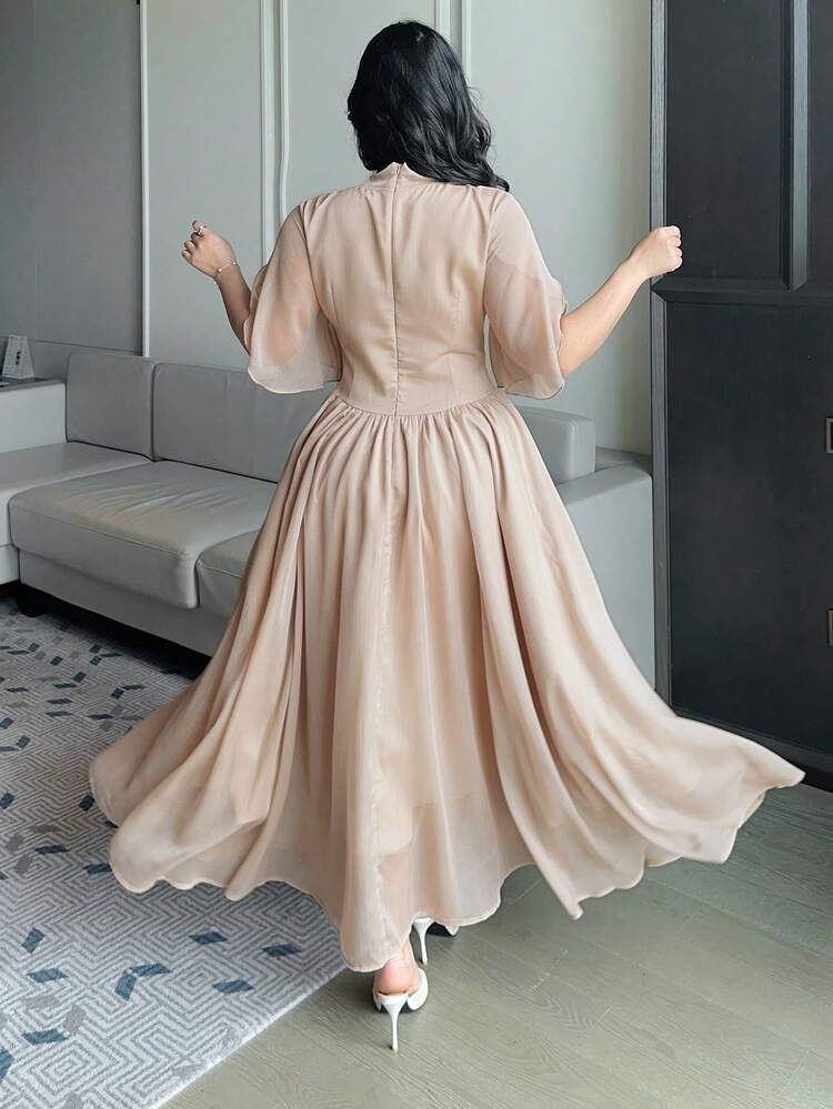 Dazy Plus Plus Size Women's Solid Color V-Neck Belted Long Elegant Chiffon Short Sleeve Dress, Spring/Summer Sundress