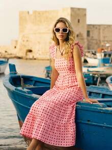 Vivid Eden 女士全印花荷叶边方领连衣裙 - 粉色 - 查看 10