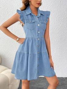 EMERY ROSE Đầm denim mỏng tay bồng dành cho nữ, thích hợp cho mùa xuân/hè, kiểu dáng thường ngày, thời trang và thoải mái. - Rửa nhẹ - Xem 4