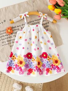 SHEIN Váy bé gái, đầm bé gái họa tiết hoa, dây đeo yếm và nơ, kiểu dáng thanh lịch và tươi mát mùa hè. - trắng - Xem 3