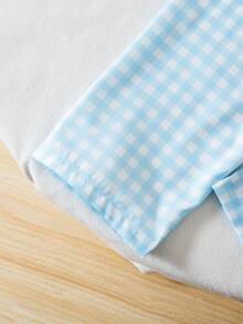 Young Girl Vintage Blue Plaid Short Sleeve Top And Pants 2-Piece Casual Pajama Set, Crew Neck With Ruffle Bow Decor, Fashionable And Versatile For Spring/Summer - Blue - View 6