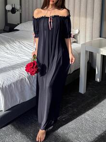 DAZY Đầm ngủ mùa hè gợi cảm bằng vải lưới xuyên thấu, hở vai, xếp ly, thích hợp cho nữ. - Màu xanh hải quân - Xem 4