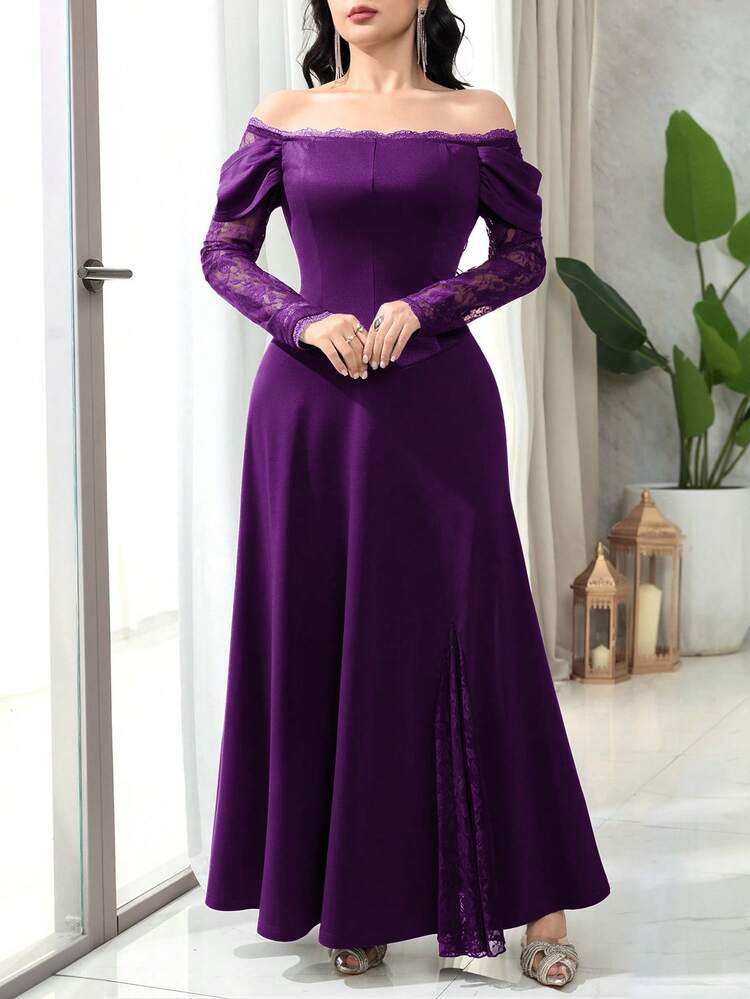 Feyla فستان طويل أنيق للنساء مصنوع من رقعة الدانتيل عديم الكتف - الأرجواني - مشاهدة 3