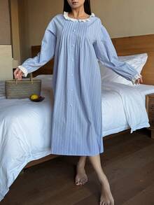 DAZY 甜美条纹图案印花撞色滚边宽松女士睡裙 - 藍色 - 查看 8
