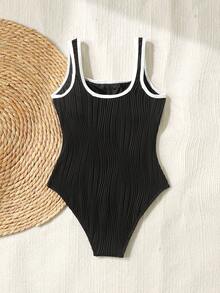 SHEIN Firerie Kids Tween Girls Black & White Contrast Color Swimsuit, Suitable For Beach, Vacation, Hawaii Trip, Family Matching, Sister Photo Shoot, Park, Camping, Party, Casual Daily, Leisure Vacation - Black and White - View 2
