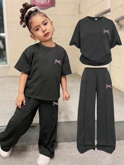 SLAYR KIDS Young Girl Casual Streetwear Oversized Round Neck Bow Print Short Sleeve T-Shirt + Pleated Wide Leg Knit Pants Set, Dark Grey