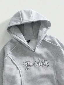 ROMWE MEN Essentials 男士字母印花连帽休闲长袖套头卫衣 - 灰色 - 查看 5