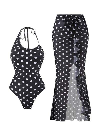 Swim Oasis 2pcs Women's Swimsuit One Piece Sarong Coverups Max Dress,Vacation And Elegant Bikinis, Polka Dot Print Plunge Bra Built-In Swimsuit For Vacation ,Beach Outfits,Garden Wedding Guest Dress, Elegant Sclothes For Women,Date,For Autumn And Winter SS26 Spring And Summer