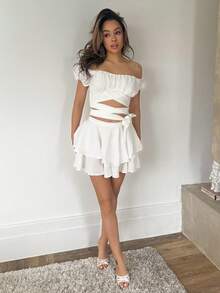 RebeccaVibe Tie Front Off Shoulder Top & Layered Hem Skirt - White - View 3