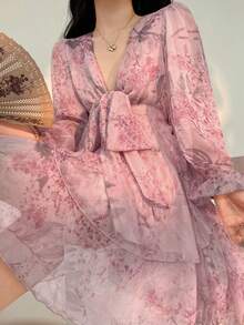 DAZY Đầm dài tay cổ chữ V màu hồng họa tiết hoa kiểu Pháp, chân váy mini chữ A bằng chiffon thắt eo, đầm hè mùa xuân. - Hồng - Xem 2