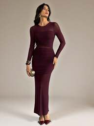 SHEIN Tall Women's Solid Color Round Neck Long Sleeve Pleated Mesh Fitted Dress Slim Fit Dress/Women's Birthday Dress/Women's Birthday Dress, Suitable For Daily, Dating, Going Out, Nightclub, Party, Autumn, Women's Autumn Dress,Fall Dresses For Women