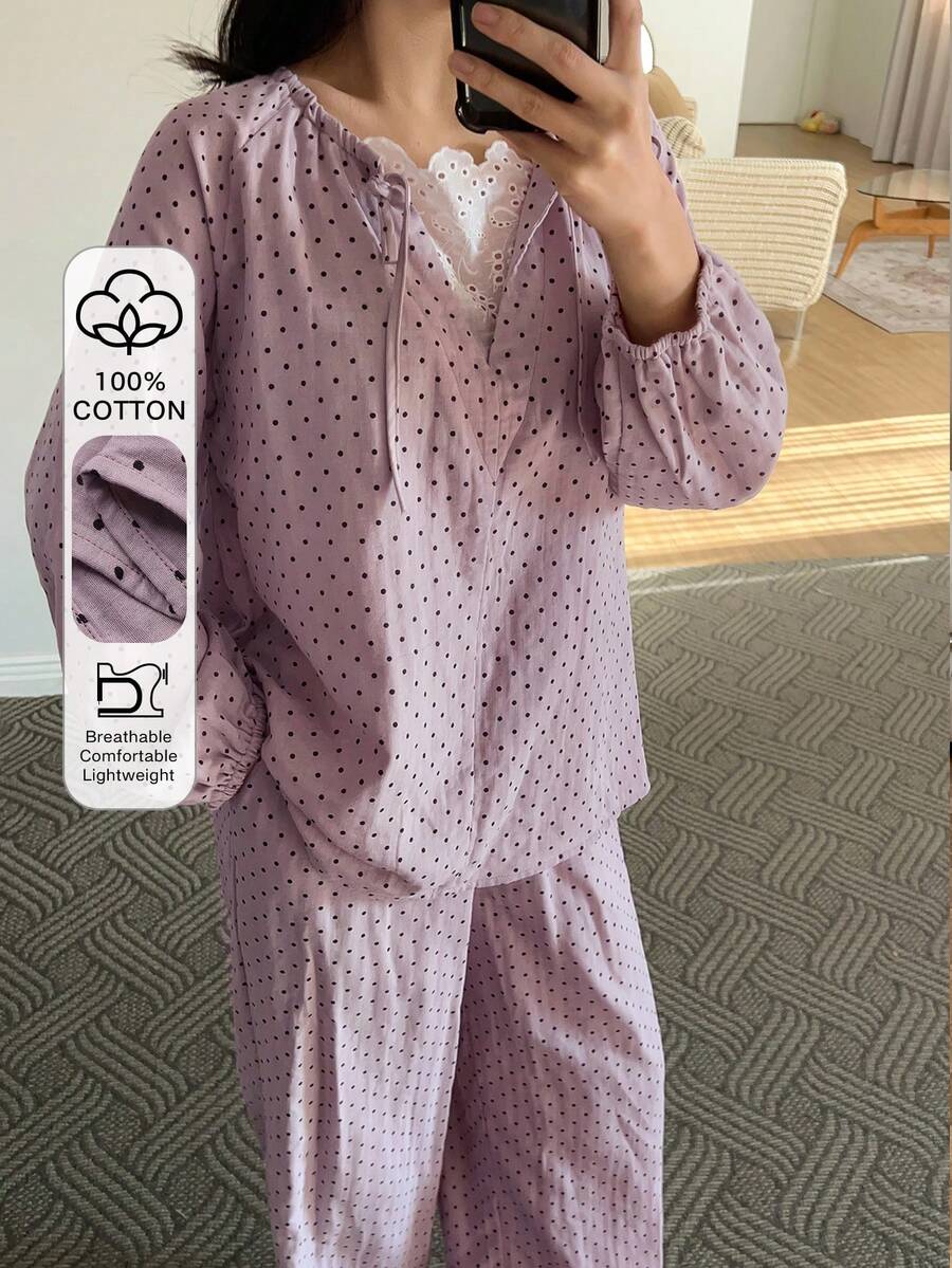 DAZY Polka Dot Print Loose Lantern Sleeve Women Pajama Set - Purple - View 1
