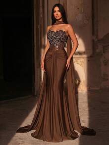 Glamrae Elegant Luxurious Beaded Bubble Floral Sequin Patchwork Elastic Knit Swimsuit Fabric Ruched Mermaid Skirt, Suitable For Weddings, Parties, Vacations, Galas, Evening Dresses (Heavy-Duty) - Brown - View 9