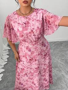 Modelyn Vestido de mujer talla grande con diseño elegante y romántico, estampado floral de gasa, cuello redondo, mangas tipo murciélago y diseño de cintura - Rosa - Ver 4