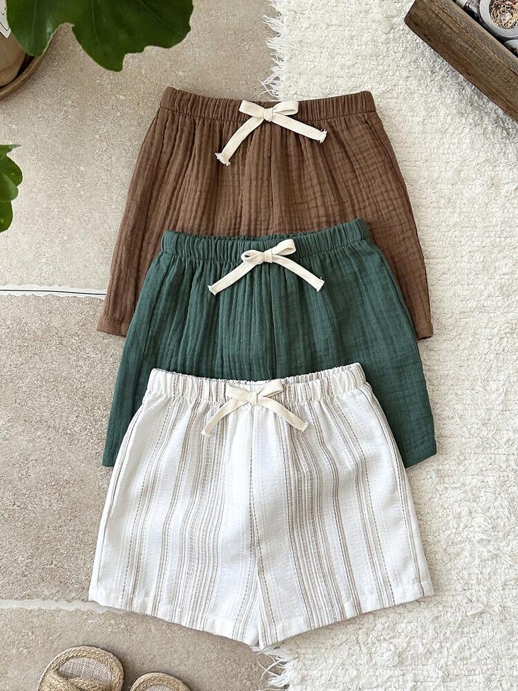 LMoss Kids 男婴条纹纯色短裤三件套，休闲舒适，适合春夏穿着 - 彩色 - 查看 6