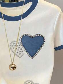 Teen Girls Heart Print Graphic Loose Casual Contrast Block Color Strip Round Neck T-Shirt - Multicolor - View 4