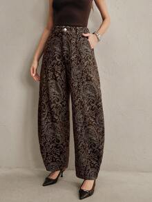 Anewsta 现代设计数码印花休闲弯腰咖啡色牛仔裤，高腰宽松显瘦直筒裤，女士春秋新款 - 咖啡棕 - 查看 3