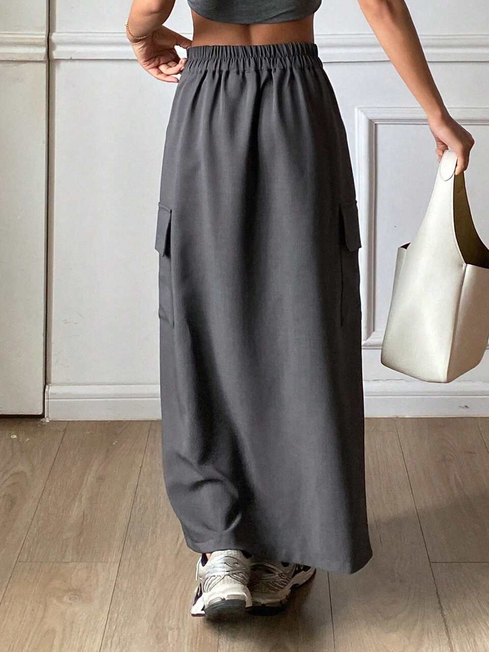 Solid Color Straight Elastic Waist Drawstring Pocket Long Casual Street Style Skirt For Women, Spring/Autumn