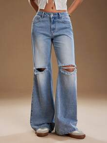 TRNVIE 女士休闲时尚街头日常通勤低腰破洞喇叭牛仔裤 - 藍色 - 查看 4