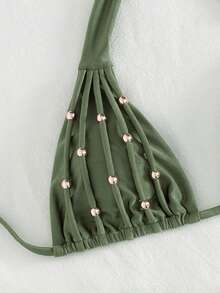 Swim Chiccia Bộ bikini nữ mùa xuân/hè kiểu dáng thanh lịch, hở lưng, thắt nút, buộc cổ, thích hợp cho lễ hội âm nhạc bãi biển. - xanh quân đội - Xem 5