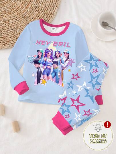 Set de 2 piezas con parte superior de cuello redondo con estampado de niña de dibujos animados y leggings con estampado de estrellas de colores, de tela de punto elástica, elegante y dulce, para usar en casa