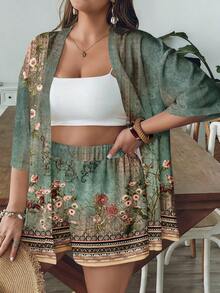 SHEIN VCAY Casual Vintage Leaf Pattern Loose Plus Size 2 Pieces Set, Suitable For Summer - Green - View 6